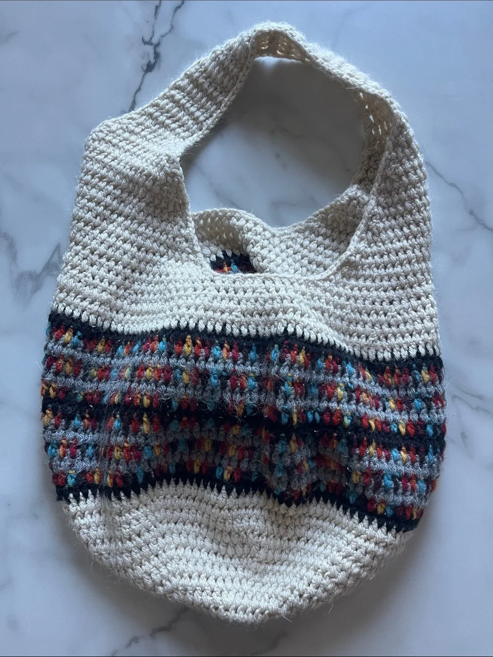 Handmade Crochet Tote Bag - Cream with Multicolor Stripe